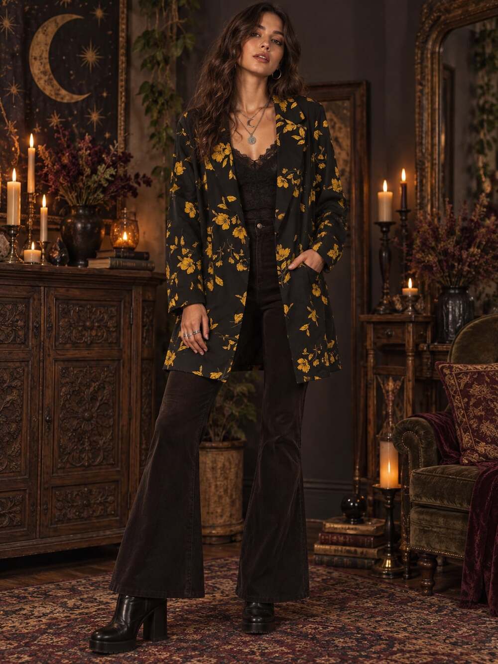 Torrid Size 6 6X Black Mustard Floral Longline Blazer Whimsigoth Boho